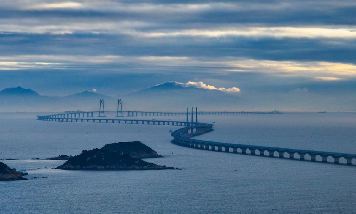 An aerial drone photo taken on Dec. 15, 2023 shows a view of the Hong Kong-Zhuhai-Macao Bridge in south China. Photo:Xinhua 