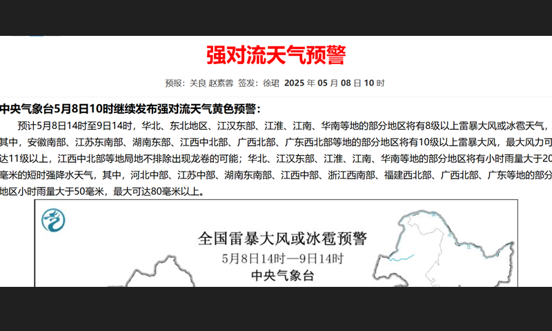 Screenshot of the severe convective weather alert from National Meteorological Center