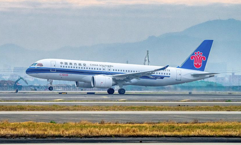 A C919 passenger jet operated by the China Southern Airlines takes off from Guangzhou Baiyun International Airport in south China's Guangdong Province, Jan. 14, 2025.The China Southern Airlines held a themed activity aboard the C919 aircraft on Tuesday to mark the deployment of the passenger jets for this year's Spring Festival travel rush (also known as chunyun).All three C919 jets operated by China Southern were deployed on Tuesday, the first day of this year's chunyun, to carry out 10 flights on four routes linking Guangzhou with the cities of Hangzhou, Shanghai, Haikou and Chengdu.This year's chunyun sees an increased appearance of the home-grown C919 aircraft, a symbol of China's technological and industrial advancement. (Xinhua/Wang Ruiping)